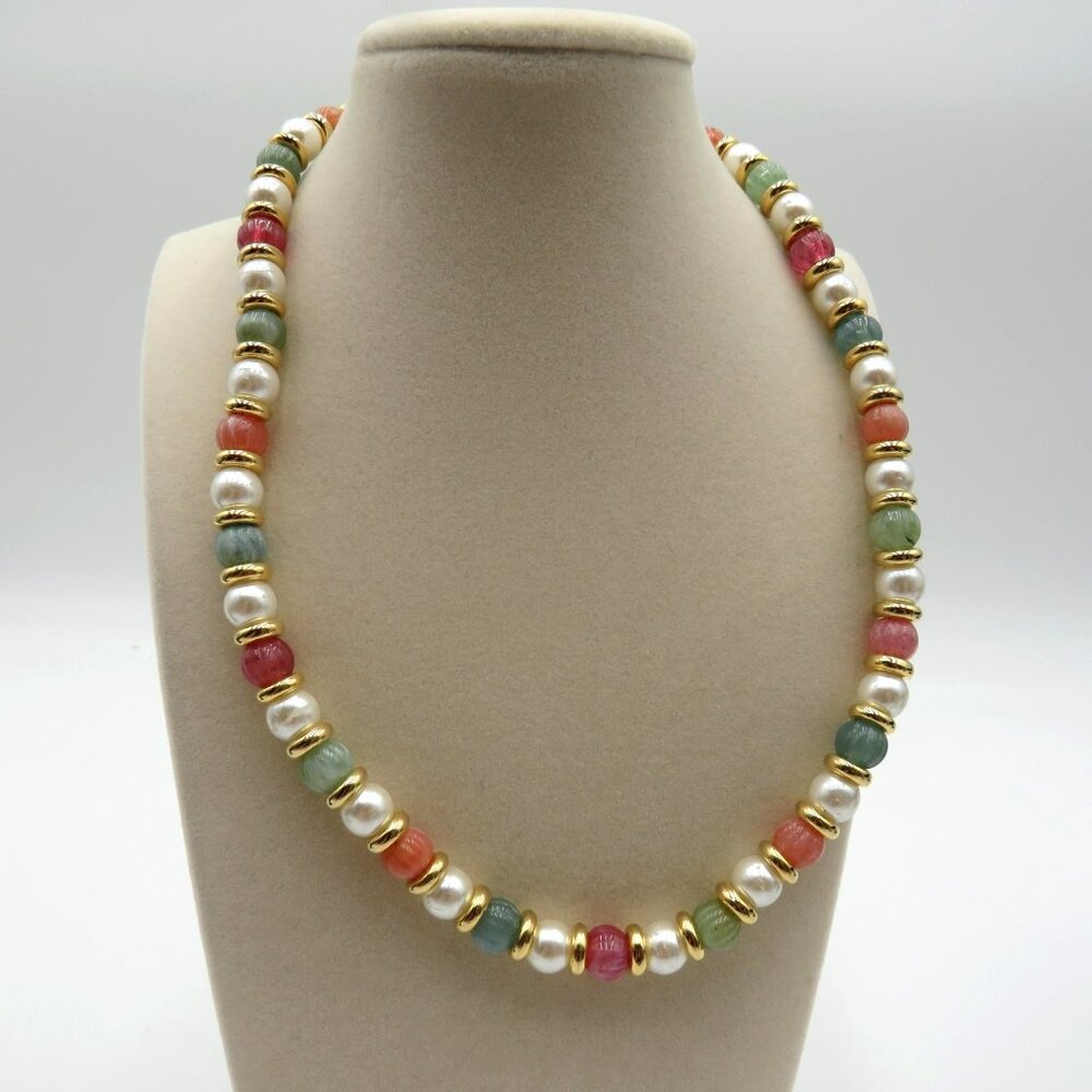 Beaded Necklace Faux Pearl Glass Carved Beads Multicolor Gold‎ Tone Spacers Oval